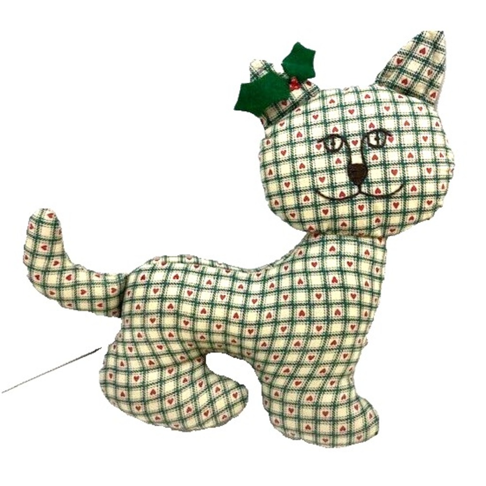 Vintage Country Green Tan Red Plaid Christmas Cat Holly Bow Handmade Sewn Fabric